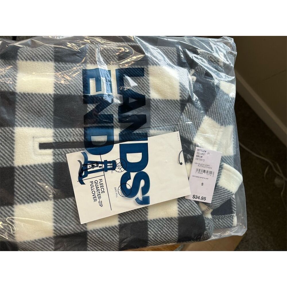 Lands' End Black and White Buffalo Check Fleece 1/4 zip NWT S